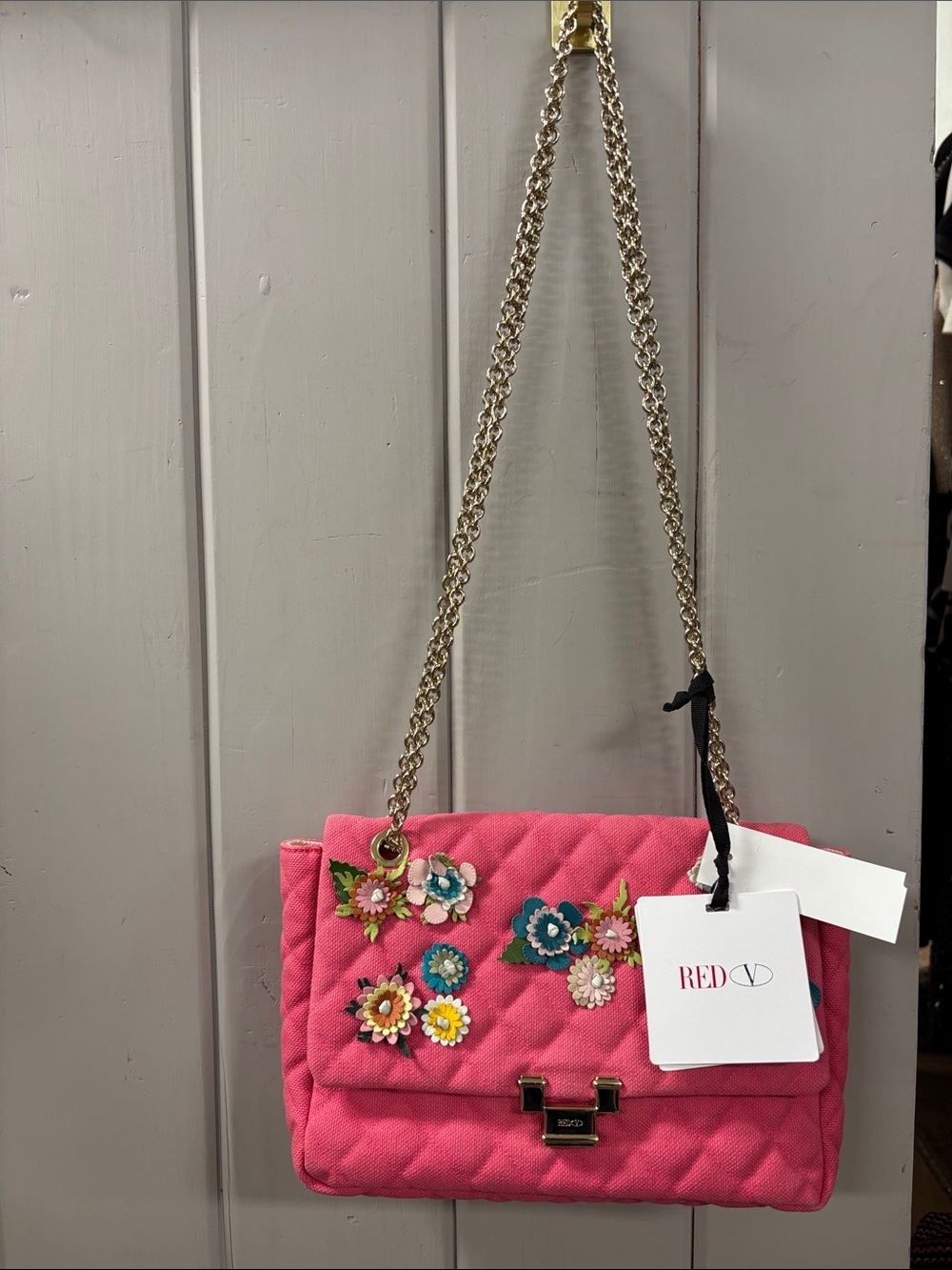 Valentino Red V Line Pink Quilted Floral Chain Shoulder Bag New With Tags!